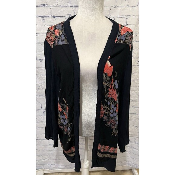 Vintage Kaktus Jacket Womens 1X Black Floral Rayon Lightweight Cardigan 90s - Picture 1 of 7